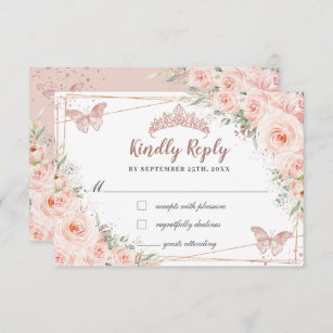 Blush Floral Rose Gold Butterfly Quinceañera Reply RSVP Card