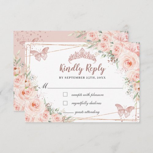 Blush Floral Rose Gold Butterfly Quinceaera Reply RSVP Card