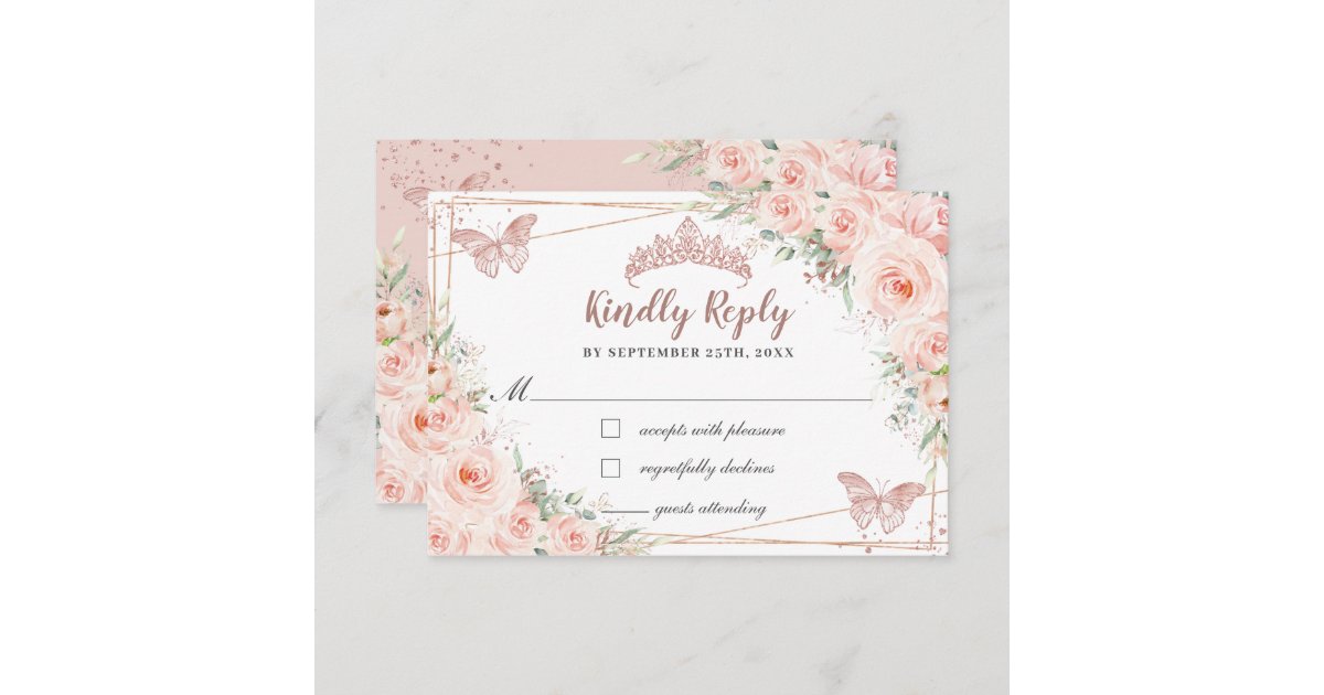 Blush Floral Rose Gold Butterfly Quinceañera Reply RSVP Card Zazzle