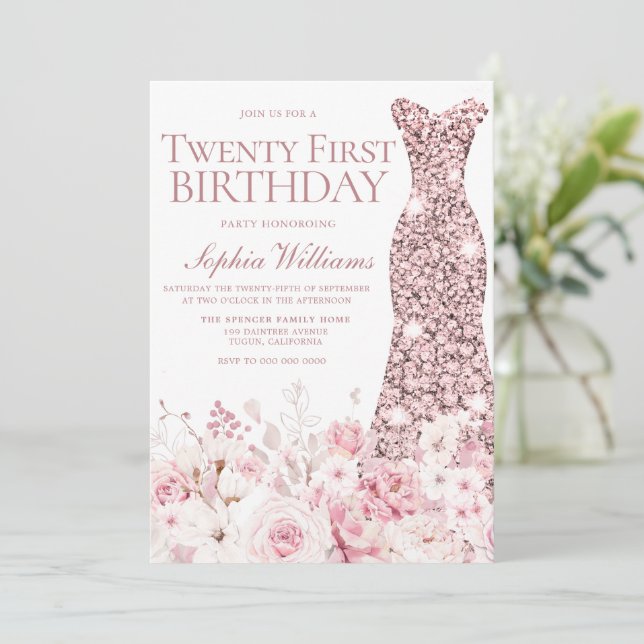 Blush Floral & Rose Gold Dress 21st Birthday Party Invitation (Standing Front)