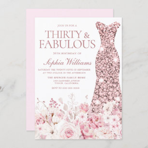 Blush Floral & Rose Gold Dress 30th Birthday Party Invitation