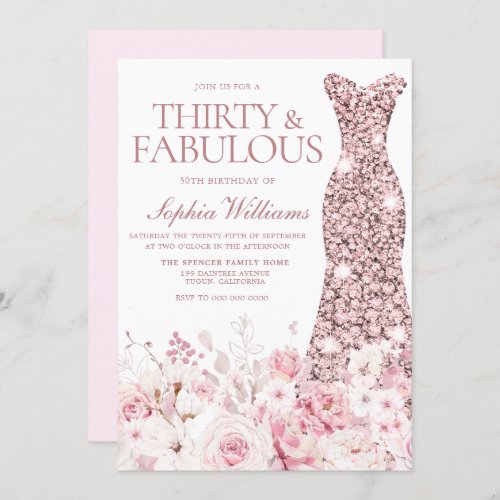 Blush Floral  Rose Gold Dress 30th Birthday Party Invitation