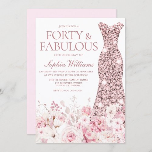 Blush Floral  Rose Gold Dress 40th Birthday Party Invitation