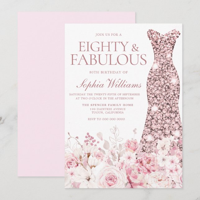 Blush Floral & Rose Gold Dress 80th Birthday Party Invitation (Front/Back)