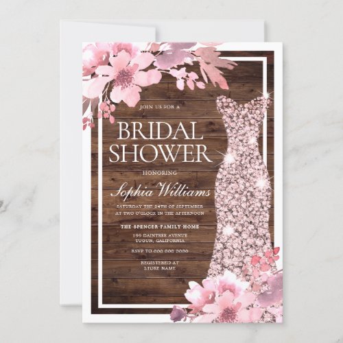 Blush Floral Rose Gold Dress Rustic Bridal Shower Invitation