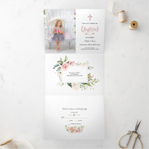 Blush Floral Rose Gold Girl Photo Baptism Tri-Fold Invitation