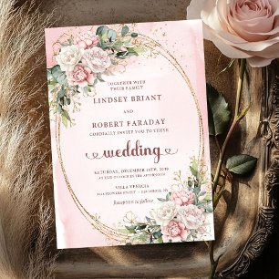 Blush Floral Rose Gold Modern Greenery Wedding  Invitation