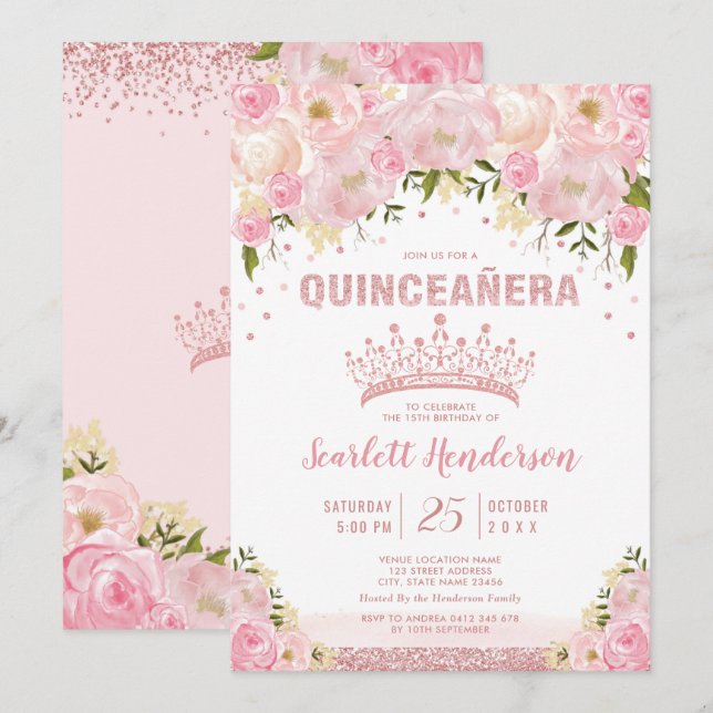 Blush Floral Rose Gold Pink Glitter Quinceanera Invitation (Front/Back)