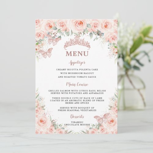 Blush Floral Rose Gold Quinceanera 15 16 Menu Card