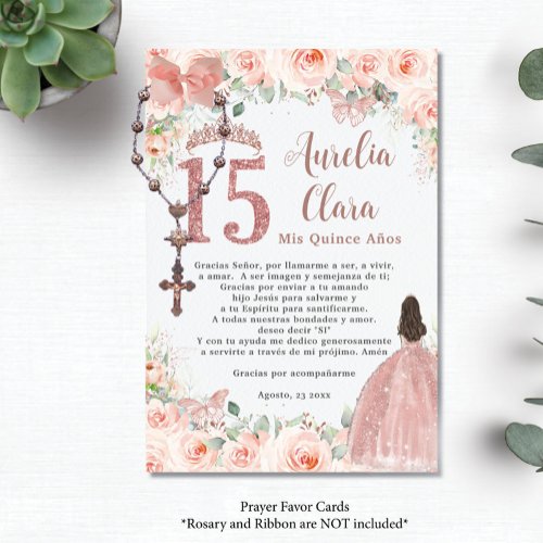 Blush Floral Rose Gold Quincea&#241;era 15 Prayer Card