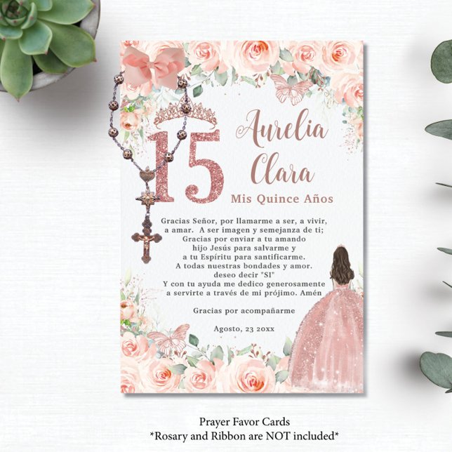Blush Floral Rose Gold Quinceañera 15 Prayer Card (Creator Uploaded)