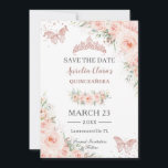 Blush Floral Rose Gold Quinceanera Butterflies Save The Date<br><div class="desc">Personalize these chic rsvp cards with your details easily and quickly,  simply press the "edit using design tools" button to further re-arrange and format the style and placement of the text.  Perfect for Quinceanera,  Sweet Sixteen,  18th birthday party,  debutante ball and more occasions!  (c) The Happy Cat Studio</div>