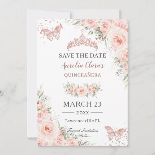 Blush Floral Rose Gold Quinceanera Butterflies Save The Date