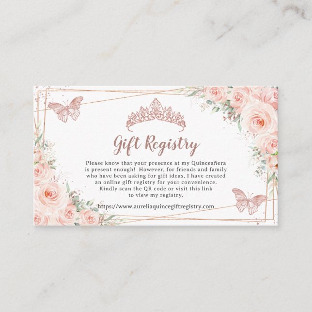 Blush Floral Rose Gold Quinceanera Gift Registry Enclosure Card (Front)