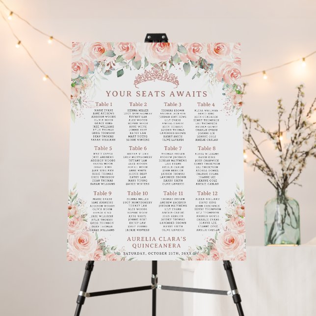 Blush Floral Rose Gold Quinceañera Seating Chart  Foam Board (In Situ (Stand))