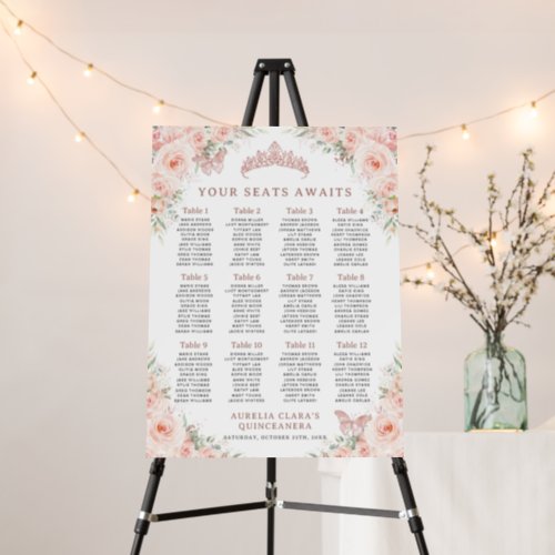 Blush Floral Rose Gold Quinceaera Seating Chart  Foam Board