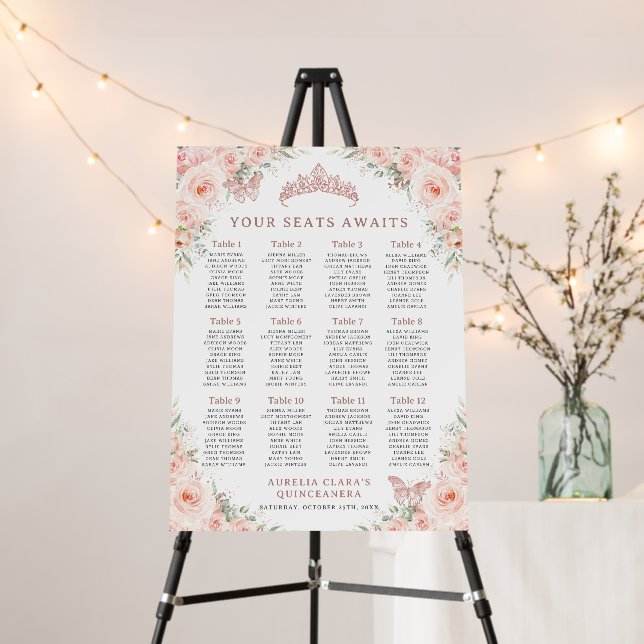 Blush Floral Rose Gold Quinceañera Seating Chart  Foam Board (In Situ (Stand))
