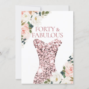 Blush Floral Rose Gold Sparkle Dress 40th Birthday Invitation