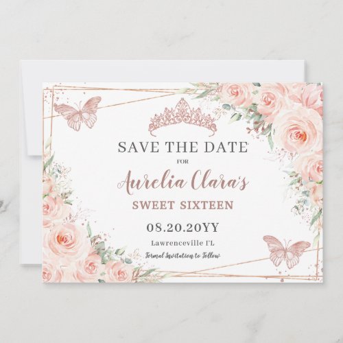 Blush Floral Rose Gold Sweet 16 Quince Butterflies Save The Date