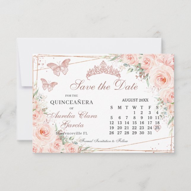 Blush Floral Rose Quinceanera Sweet 16 Calendar Save The Date (Front)