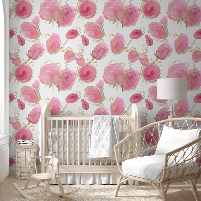 Blush Floral Roses and Gold Girl Nursery Wallpaper (Kids)