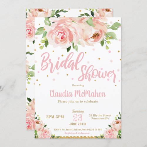Blush Floral Roses Bridal Shower Pink and Gold Invitation