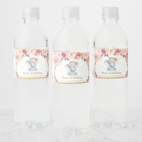 Blush Floral Roses Cute Elephant 1st Birthday  Water Bottle Label