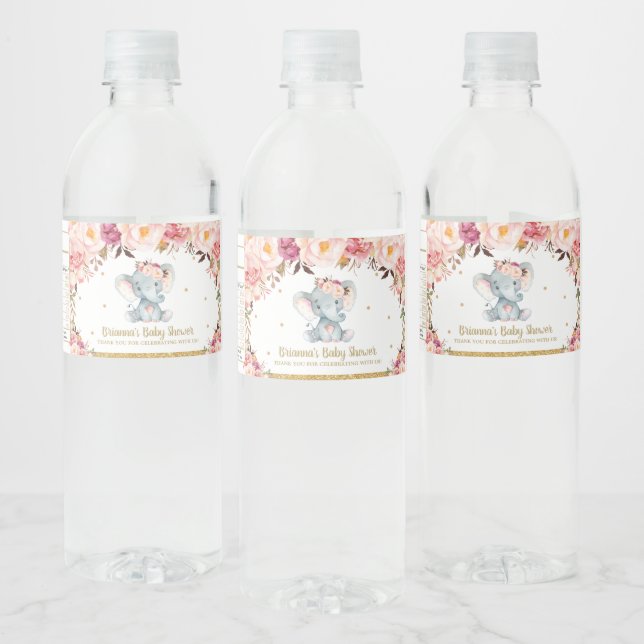 Blush Floral Roses Cute Elephant Baby Shower  Water Bottle Label (Bottles)
