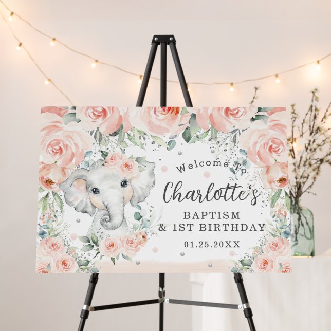 Blush Floral Roses Elephant 1st Birthday Baptism Foam Board (In Situ (Stand))