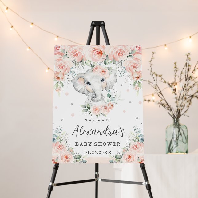 Blush Floral Roses Elephant Baby Shower Welcome Foam Board (In Situ (Stand))