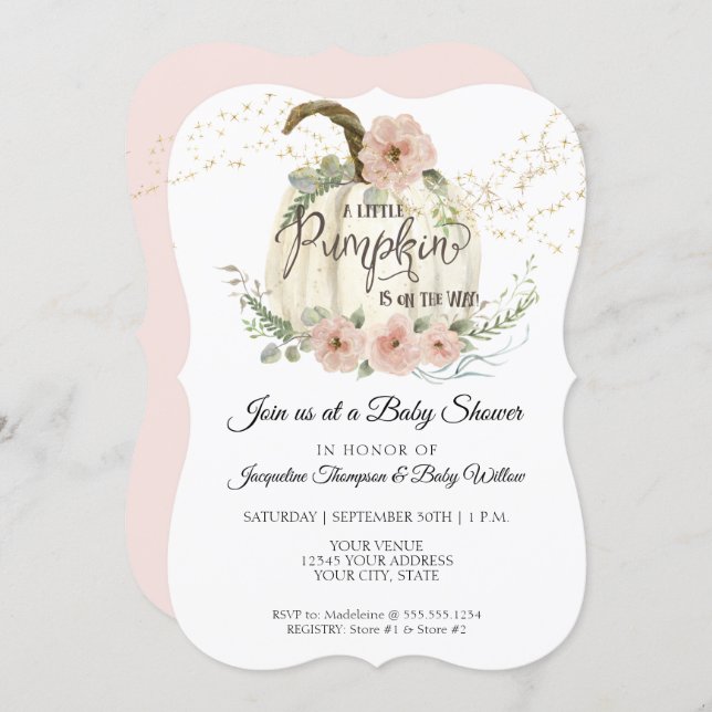 Blush Floral Roses Fall White Pumpkin Baby Shower Invitation (Front/Back)