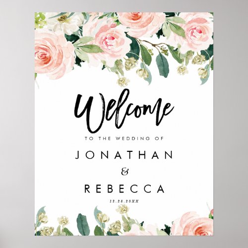 blush floral roses wedding welcome sign poster