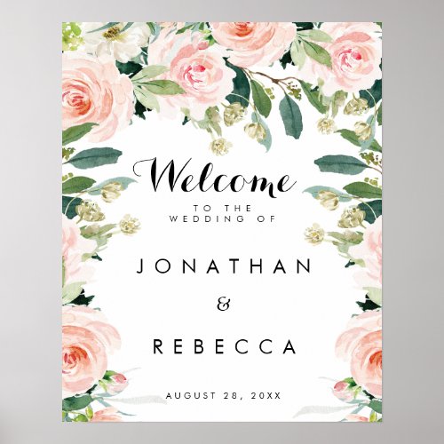 blush floral roses wedding welcome sign poster