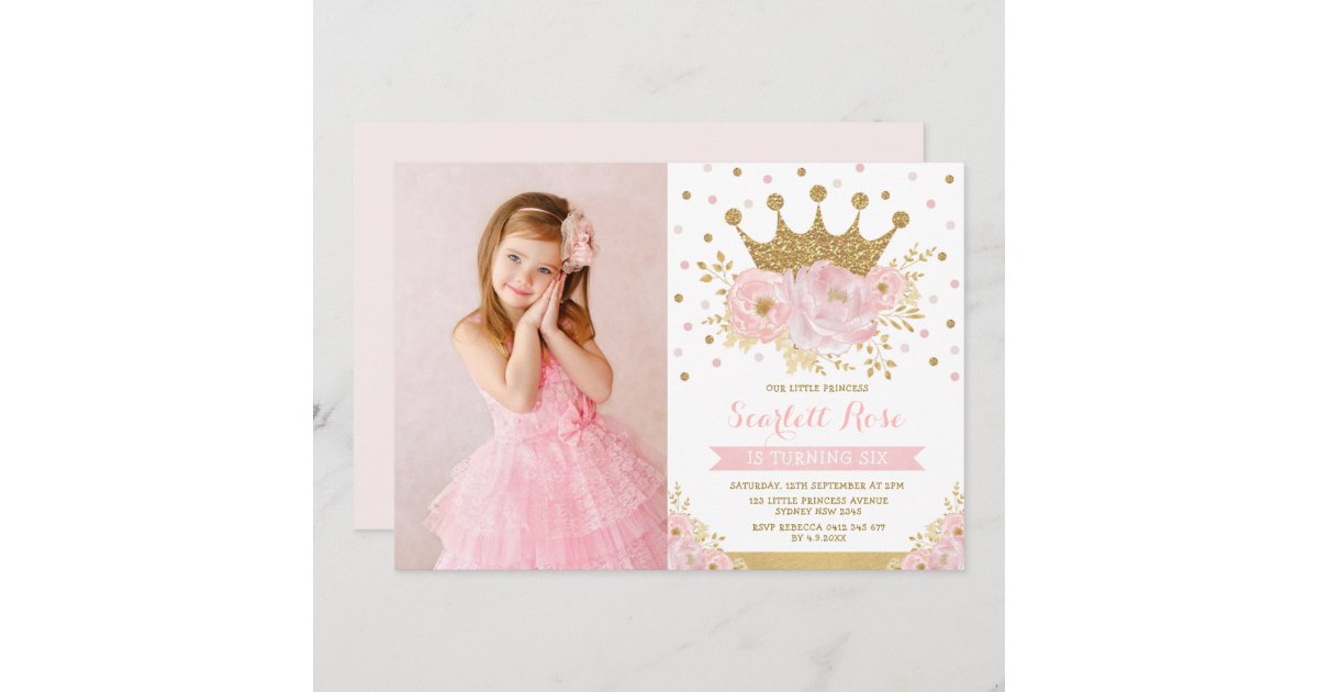 FLORAL PRINCESS TIARA pink DIGITAL PRINTABLE BIRTHDAY PARTY INVITATION