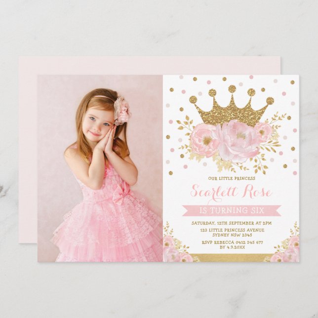 Blush Floral Royal Crown Princess Birthday Party Invitation (Front/Back)