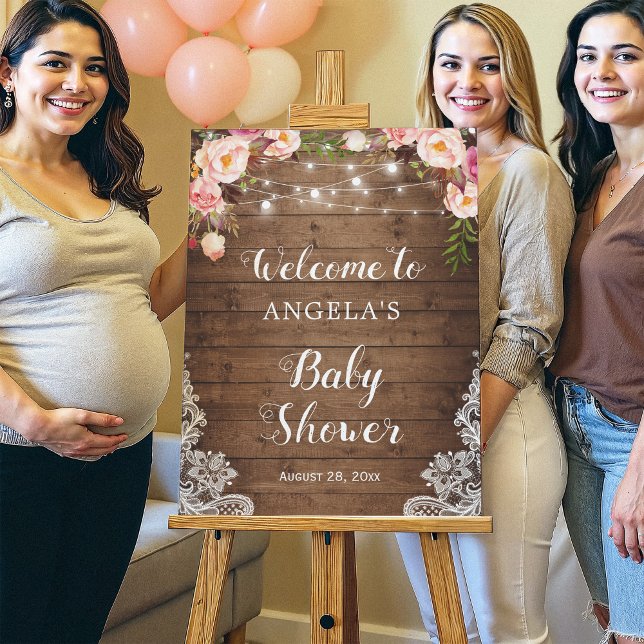 Blush Floral Rustic Wood String Lights Baby Shower Foam Board (Creator Uploaded)