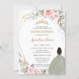 Blush Floral Sage Green Brown Princess Quinceañera Invitation
