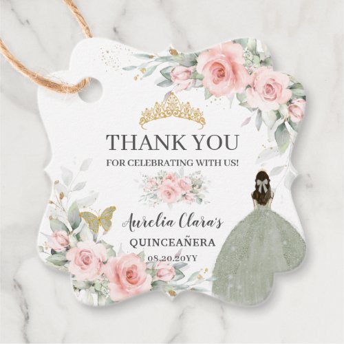 Blush Floral Sage Green Gold Quinceanera Sweet 16  Favor Tags