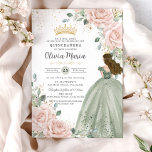 Blush Floral Sage Green Princess Gown Quinceañera Invitation<br><div class="desc">Personalize this elegant blush floral Quinceañera / Sweet 16 birthday invitation easily and quickly. Simply click the Edit Using Design Tools button to further edit the texts, change fonts and fonts colors. Featuring soft watercolor blush flowers, a girl dressed in a lovely sage green ball gown and a gold princess...</div>