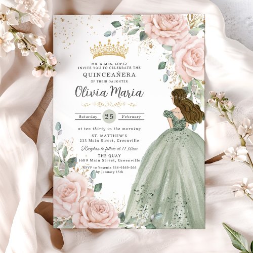 Blush Floral Sage Green Princess Gown Quinceaera Invitation