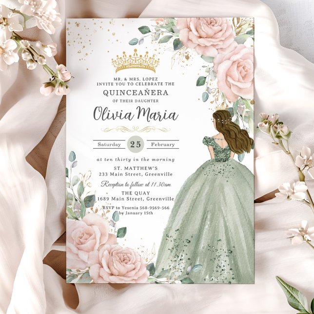 Blush Floral Sage Green Princess Gown Quinceañera Invitation (pastel-soft-blush-pink-floral-roses-gold-sage-green-princess-dress-sweet-16-birthday-xv-invitation)
