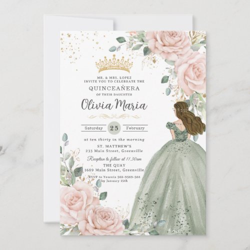Blush Floral Sage Green Princess Gown Quinceaera Invitation