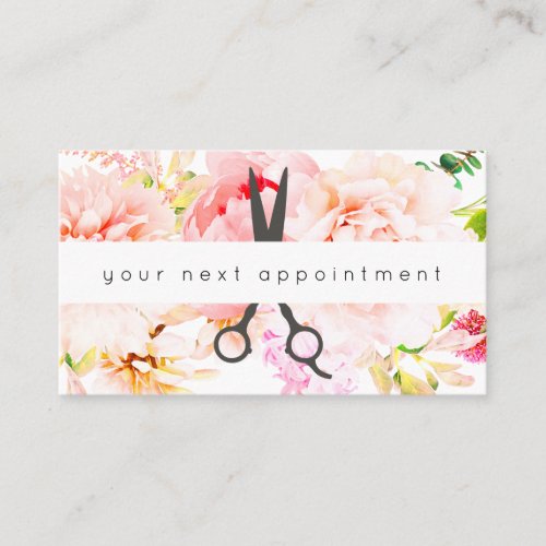 Blush Floral Salon Scissors Logo Appointment Business Card