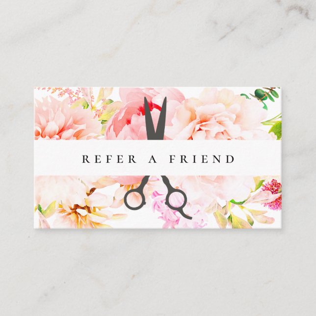 Blush Floral Salon Scissors Logo Refer A Friend Business Card (Front)