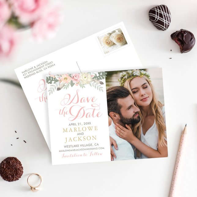 Blush Floral Script Photo Save the Date Announcement Postcard (Creator Uploaded)