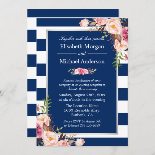 Blush Floral Silver Navy Blue Stripes Wedding Invitation