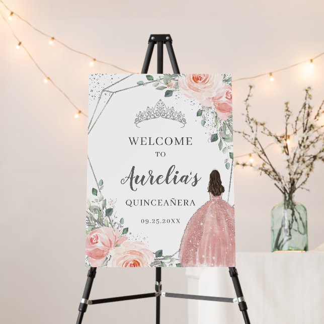 Blush Floral Silver Princess Quinceanera Birthday  Foam Board (In Situ (Stand))