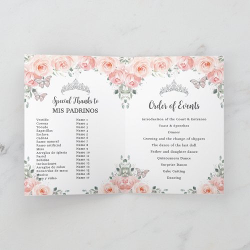 Blush Floral Silver Quinceaera Order of Events Program