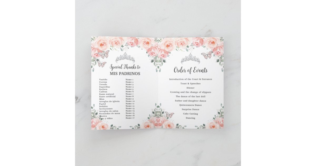 Blush Floral Silver Quinceañera Order of Events Program Zazzle