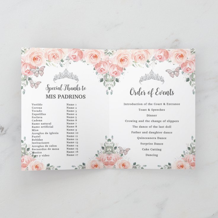 Blush Floral Silver Quinceañera Order of Events Program Zazzle